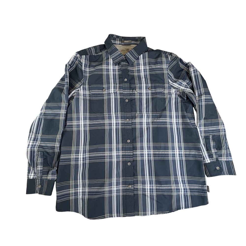 Eddie Bauer Shirt Womens Medium Blue Plaid Classic Fit Roll Tab Long Sleeve